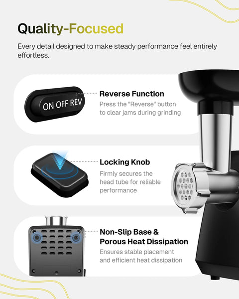 Behome Electric Meat Grinder With 2800W Max Motor showing reverse function button, locking knob, and non-slip base features.