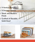 Heavy Duty Metal Kitchen Organizer Featuring An Eight Slot Cutting Board Holder Stand For Countertop Or Cabinet Setup That Hits Different When You Need To Knock Out Clutter And Keep Counters Slick In Satin Nickel on a kitchen counter.