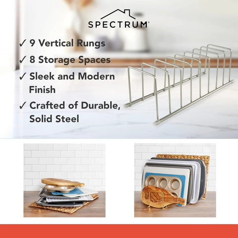 Heavy Duty Metal Kitchen Organizer Featuring An Eight Slot Cutting Board Holder Stand For Countertop Or Cabinet Setup That Hits Different When You Need To Knock Out Clutter And Keep Counters Slick In Satin Nickel on a kitchen counter.