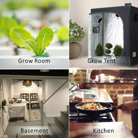 Collage showing grow room, grow tent, basement, and kitchen environments for 8 Inch Inline Duct Fan With 831 CFM And EC Motor.