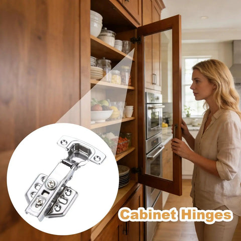 Woman opening kitchen cabinet door with concealed stainless steel cabinet hinges with quiet soft close and smooth slow closing overlay style.