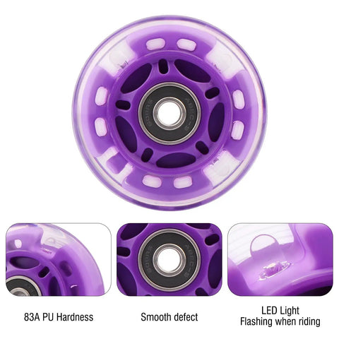 Purple Flashing 70mm Inline Skate Wheels Set for Kids and Beginners, LED light-up wheel with 83A PU hardness detail.