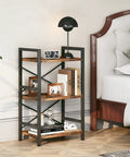 3 Tier Industrial Metal Bookcase With Rustic Brown Finish, Etagere Style Storage Shelf in bedroom next to bed