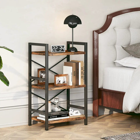 3 Tier Industrial Metal Bookcase With Rustic Brown Finish, Etagere Style Storage Shelf in bedroom next to bed