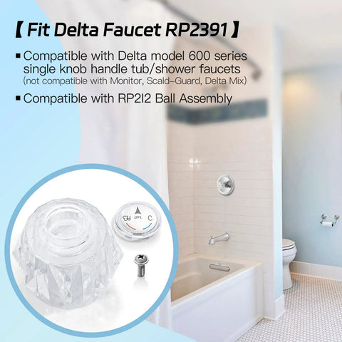 Faucet Handle Replacement Kit RP2391 For 600 Series Tub And Shower Faucets Clear Knob With Button And Set Screw in bathroom