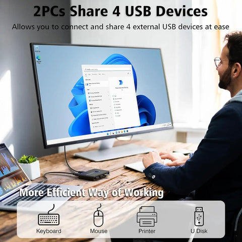 Man using USB 3.0 Switcher For Two Computers Share Four USB Devices Like Mouse Keyboard Printer And Scanner Across Mac Windows Linux Hub