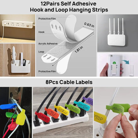 Cable Management Kit For TV And Computer Setup With 4 Cable Sleeves 57 Self Adhesive Clips 12 Hanging Strips 12 Organizer Straps