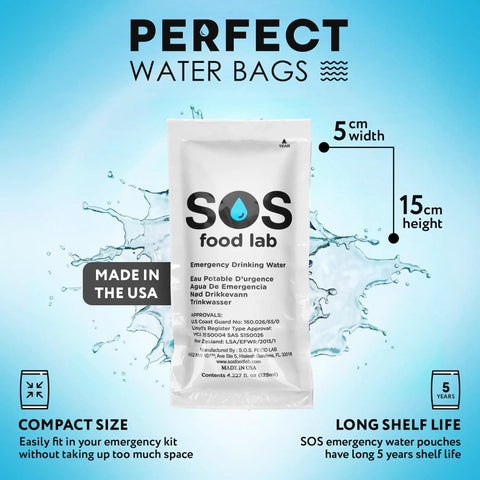 Emergency Drinking Water Packets, 62 Sachets Of Purified Water, 4.22 Oz Each, 5-Year Shelf Life packet with measurements