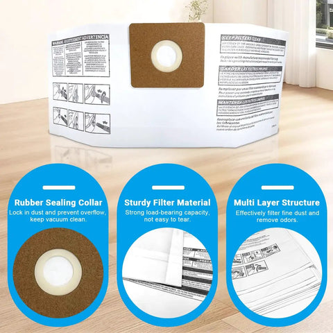Close-up of 12 Pack 90667 Filter Bags For 1 To 1.5 Gallon Wet Dry Vacuums, showing rubber sealing collar and filter material details.