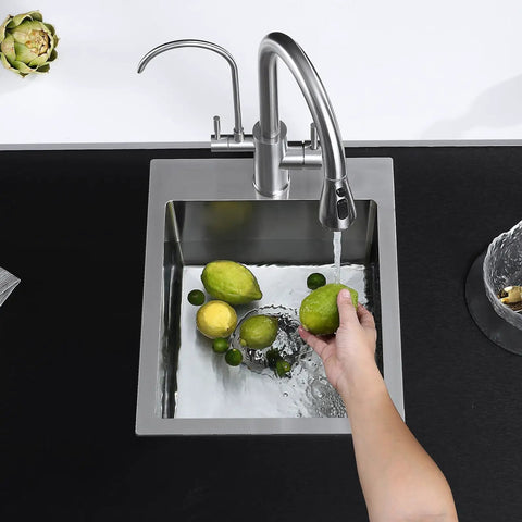 15x17 Inch Single Bowl Bar Kitchen Sink Topmount 304 Stainless Steel 8 Inch Deep Drop In Overmount Design with Basket Strainer