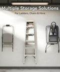 Heavy Duty Ladder Wall Hooks 2 Pack Garage Storage Hangers for ladders, chairs, and patio furniture in a garage setting.