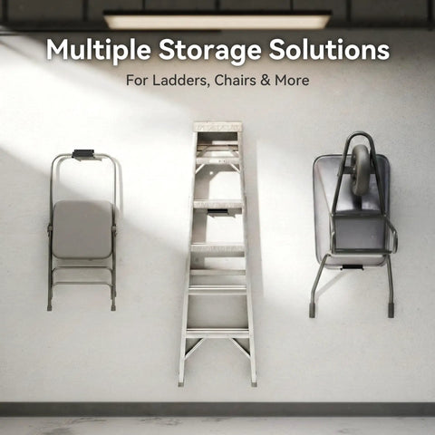 Heavy Duty Ladder Wall Hooks 2 Pack Garage Storage Hangers for ladders, chairs, and patio furniture in a garage setting.