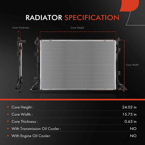 Radiator specifications for Straight Up Heavy Duty Engine Coolant Radiator Assembly Direct Fit For Kia Ev6 Battery Electric Car 2022 Through 2024.