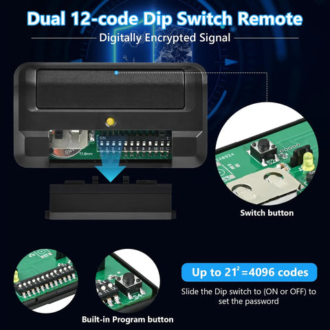 Gate Remote For 811LMX Compatible With 850LM And 860LM Receiver Security Plus 2.0, dual 12-code DIP switch with encrypted signal