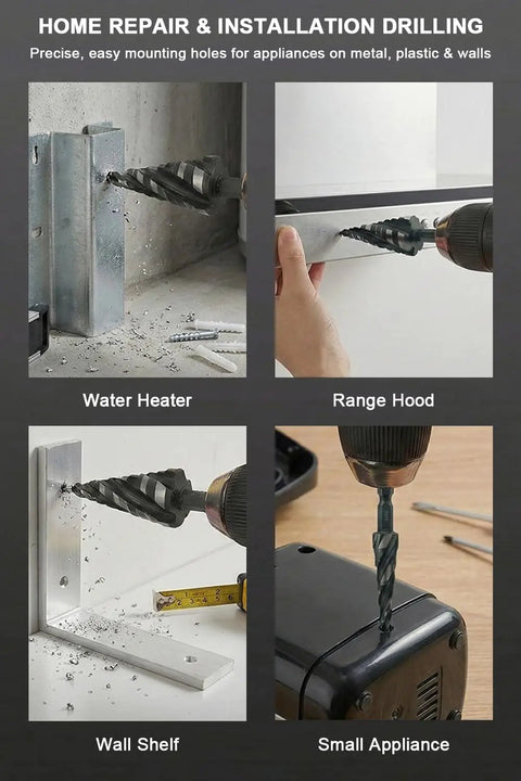 Four Spiral Flute Step Drill Bit Set From Eighth Inch To One And Three Eighths Inch Five Pieces HSS Unibits drilling different surfaces
