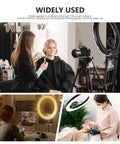 Photography session using dimmable 18 inch LED ring light with 55W output 5500K daylight, featuring camera setup.