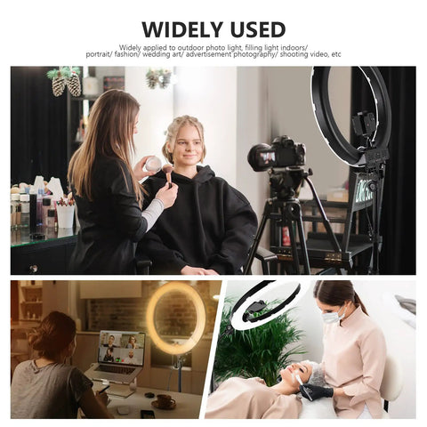 Photography session using dimmable 18 inch LED ring light with 55W output 5500K daylight, featuring camera setup.