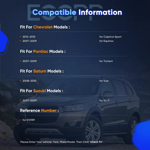 Image showing vehicle compatibility information for Chevrolet Captiva Sport, Pontiac Torrent, Saturn Vue, Suzuki XL-7.