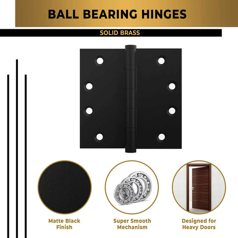 Heavy Duty Ball Bearing Door Hinges 4x4 Inch Set Of 3 Solid Brass Matte Black Flat Finish for residential and commercial use
