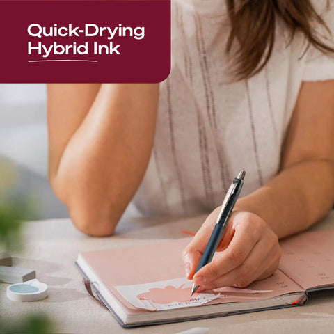 Super Smooth Hybrid Ink Ballpoint Pens with Black 0.7 Mm Fine Point Tips Pack of 3 Quick-Drying Smudge Guard in use on notebook.