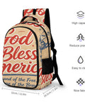 Patriotic USA Poster Print Backpack For Everyday Use, Unisex Large Capacity Daypack shown with size and material highlights