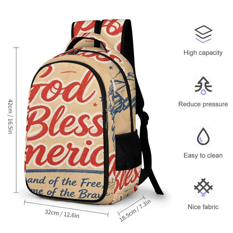 Patriotic USA Poster Print Backpack For Everyday Use, Unisex Large Capacity Daypack shown with size and material highlights
