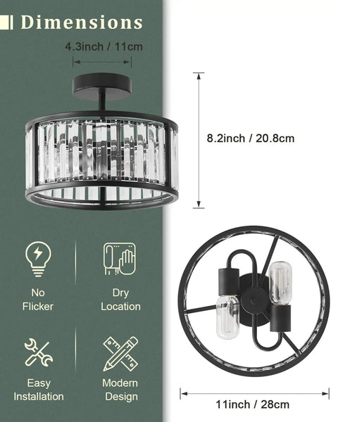 Black Flush Mount Ceiling Light Two Light Crystal Chandelier With Caged Drum Design dimensions and modern features