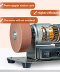 Top Notch Mini Bench Grinder With Dual Ceramic Wheels For Razor Edge Shaving And Heavy Duty Metal Or Wood Carving Solid Steel Base close-up of pure copper motor and ceramic wheel.