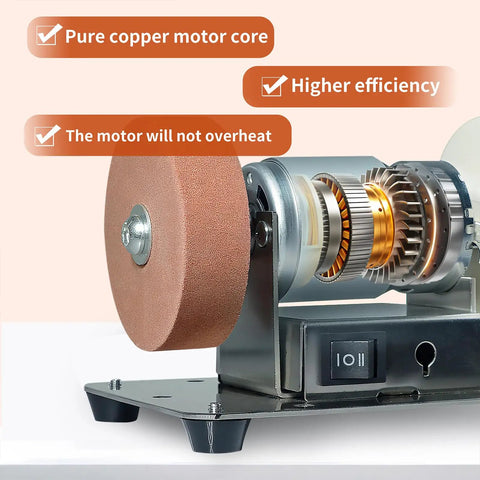 Top Notch Mini Bench Grinder With Dual Ceramic Wheels For Razor Edge Shaving And Heavy Duty Metal Or Wood Carving Solid Steel Base close-up of pure copper motor and ceramic wheel.