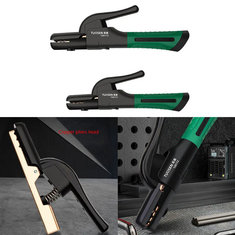 Heavy Duty Welding Electrode Holder Pliers With Non Slip Grip For 600A And 800A Stick Rods Efficient Copper Clamp Tool showing clamp details and grip design.