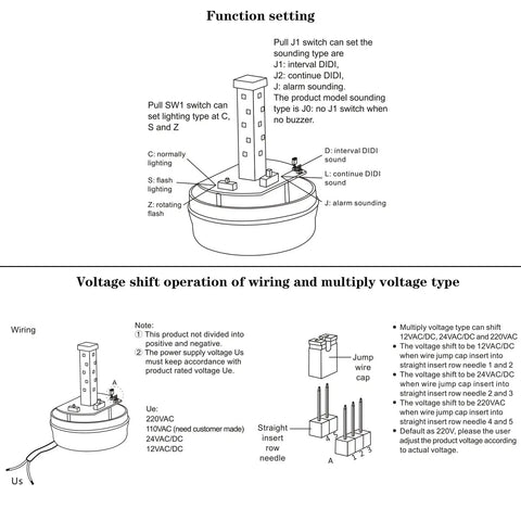 Diagram showing function and voltage settings for Industrial LED Rotating Strobe Beacon Emergency Warning Light With Buzzer, 110V AC Revolving Signal Tower Lamp