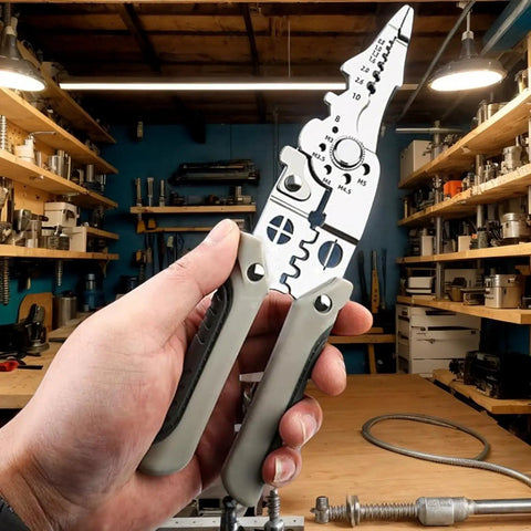 Pro Grade Heavy Duty Wire Stripper And Cutter Pliers For Electricians held in hand in workshop, showcasing multifunctional design.