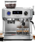 Badass 20 Bar Espresso Machine With Built In Grinder And Dual Boiler Heating System For Simultaneous Pulls And Frothing Game Changer Kitchen Gear Fire Shots Every Time, brushed silver finish, two espresso shots brewing.