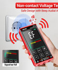 Digital Multimeter Tester With Smart Touch TRMS Auto Ranging 9999 Counts in use for non-contact voltage test near outlet.