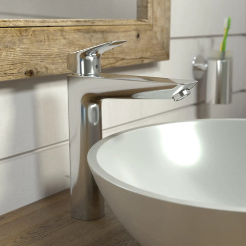 10 Inch Tall Chrome Single Handle Bathroom Sink Faucet Low Flow 1.2 GPM Water Saving With Easy Install Aerator Ceramic Cartridge Pop Up Drain Included
