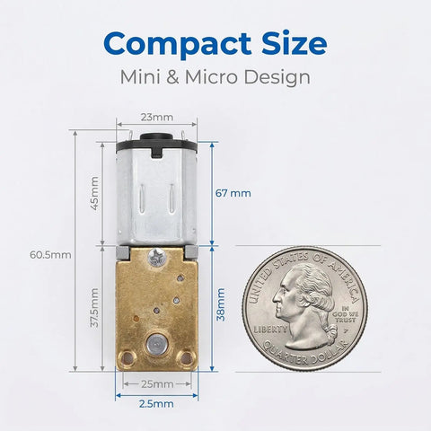 Micro DC Geared Electric Motor With Tiny Gear Reducer For Dope Low Voltage Projects At 3V 16 RPM Output next to a quarter for size comparison