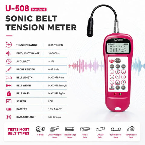 Sonic Belt Tension Meter Gauge For Drive Belts With Acoustic Probe, Measures 0.01N To 99900N And 10.0 Hz To 5000 Hz, hand-held LCD unit