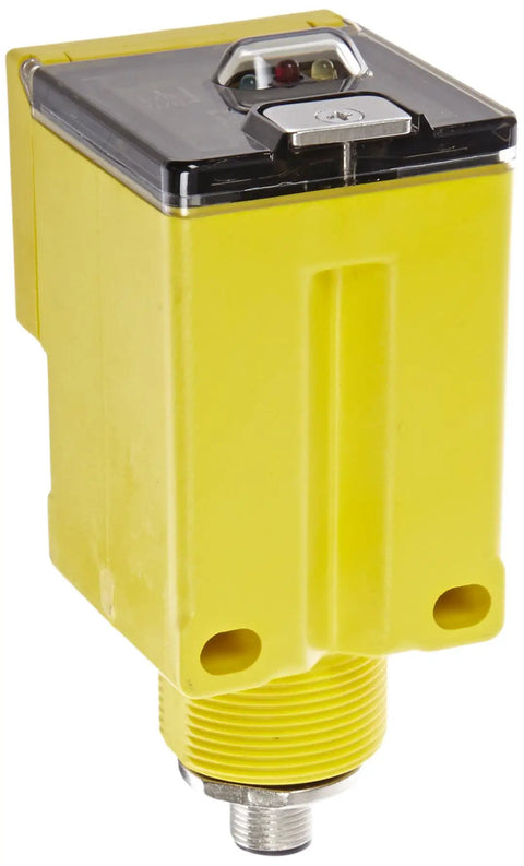 Yellow photoelectric sensor with polarized retroreflective mode, M12 threaded connector, visible red LED for industrial use
