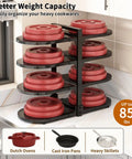 Adjustable 8 Tier Heavy Duty Pots and Pans Organizer for Kitchen Cabinet Storage Black Vertical Cookware Rack holding stacked red cookware.
