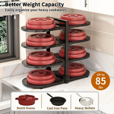 Adjustable 8 Tier Heavy Duty Pots and Pans Organizer for Kitchen Cabinet Storage Black Vertical Cookware Rack holding stacked red cookware.