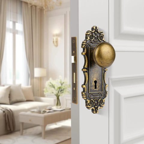 Antique Brass Mortise Lock Set For Interior Doors With Vintage Door Knob And Skeleton Key Old School Lock Replacement Retro Hardware