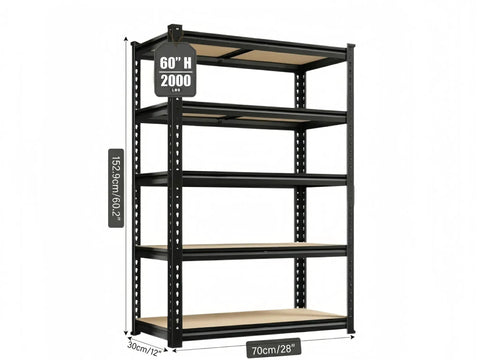 Hella Tough 5 Tier Metal Storage Rack With Fully Adjustable Shelves And 2000 Pound Capacity, 60" high, durable steel for garage use.