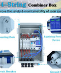 4-String Combiner Box with circuit breakers, lightning protection, and grounding for Plug And Play Off Grid Solar Panel Kit.