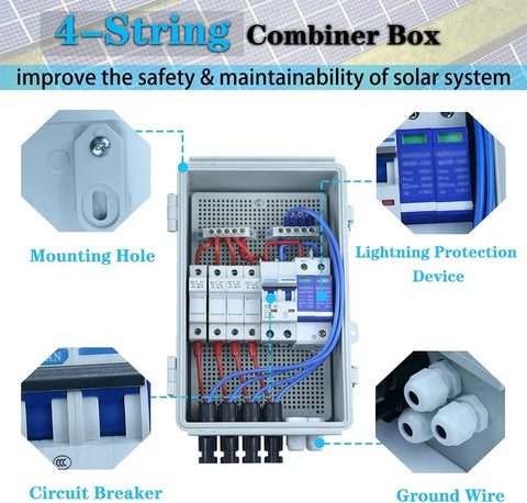 4-String Combiner Box with circuit breakers, lightning protection, and grounding for Plug And Play Off Grid Solar Panel Kit.