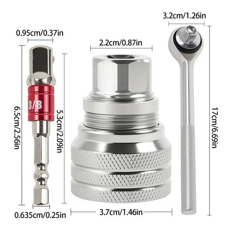3/8 Inch Drive Socket Ratchet Wrench Set Two Piece Heavy Metal Tool Kit with adjustable handle and socket features.