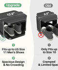 Comparison of upgraded and old shoe rack sizes showing Eight Tier Vertical Plastic Shoe Rack Freestanding Stackable Organizer For Small Closets And Tight Spaces Space Saving Design Ideal For Dorm Rooms Entryways And Tiny Apartments Storage Solution fitting larger shoes.