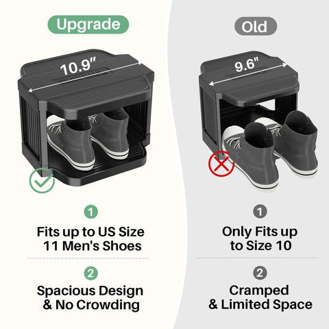 Comparison of upgraded and old shoe rack sizes showing Eight Tier Vertical Plastic Shoe Rack Freestanding Stackable Organizer For Small Closets And Tight Spaces Space Saving Design Ideal For Dorm Rooms Entryways And Tiny Apartments Storage Solution fitting larger shoes.