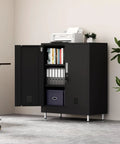 Lockable Metal Storage Cabinet With Locking Doors And Adjustable Shelves Durable Black Steel Closet For Home Office Garage Pantry Living Room 4 Keys Included And Door Stops For Quiet And Quick Access in a home office setting.