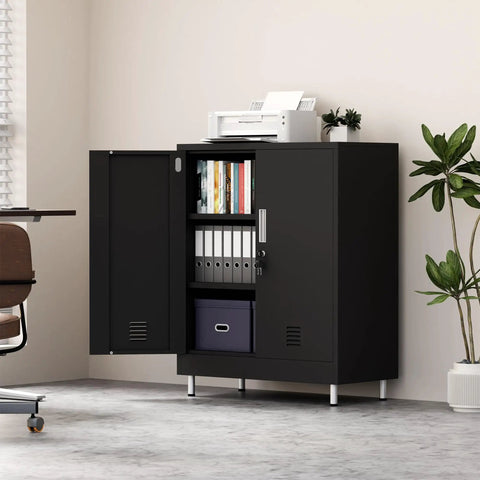 Lockable Metal Storage Cabinet With Locking Doors And Adjustable Shelves Durable Black Steel Closet For Home Office Garage Pantry Living Room 4 Keys Included And Door Stops For Quiet And Quick Access in a home office setting.