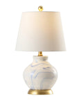 Blue And White Marbleized Ceramic Table Lamp With Gold Accents And White Linen Empire Shade, Contemporary Traditional Bedside Lamp For Living Room Or Nightstand, LED Bulb Included, Cozy Glow